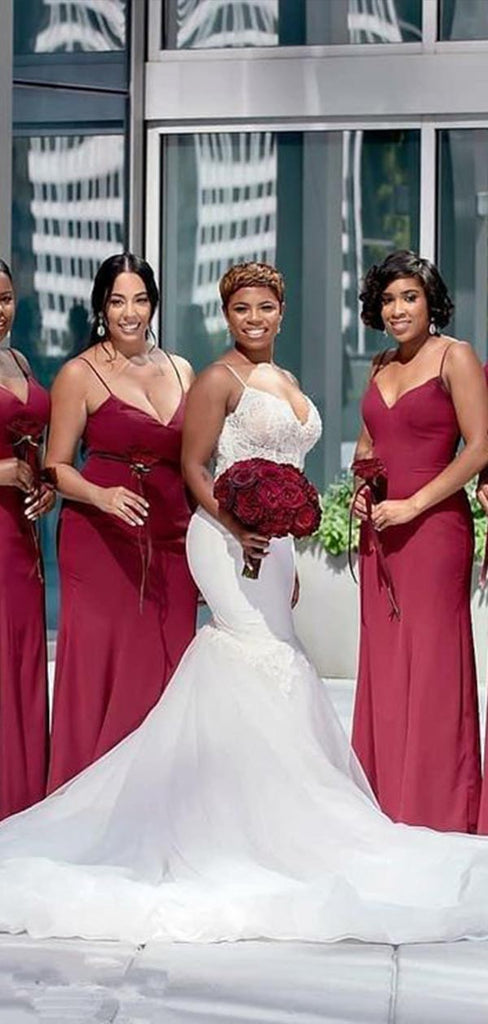 Sexy Dark Red Mermaid Spaghetti Straps V Neck Sleeveless Cheap Popular Long Wedding Party Bridesmaid Dresses Online, CP343