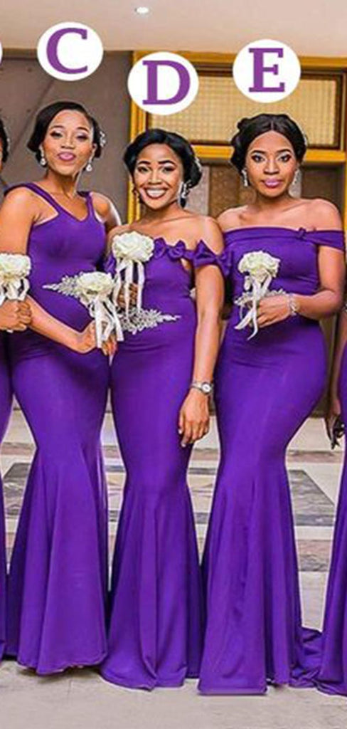 Mismatched Purple Mermaid Sleeveless Cheap Popular Long Wedding Party Bridesmaid Dresses Online, CP345