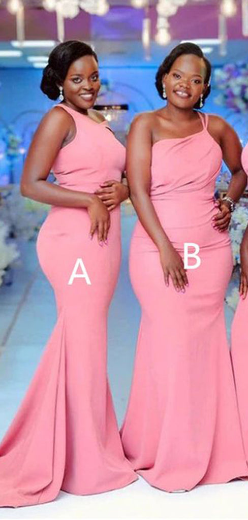 Mismatched Pink Mermaid One Shoulder Sleeveless Cheap Popular Long Wedding Party Bridesmaid Dresses Online, CP349