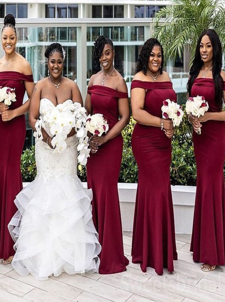 Sexy Red Mermaid Off Shoulder Sleeveless Cheap Popular Long Wedding Party Bridesmaid Dresses Online, CP350