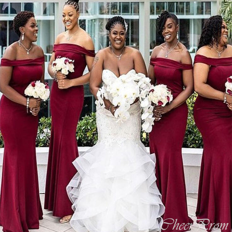 Sexy Red Mermaid Off Shoulder Sleeveless Cheap Popular Long Wedding Party Bridesmaid Dresses Online, CP350