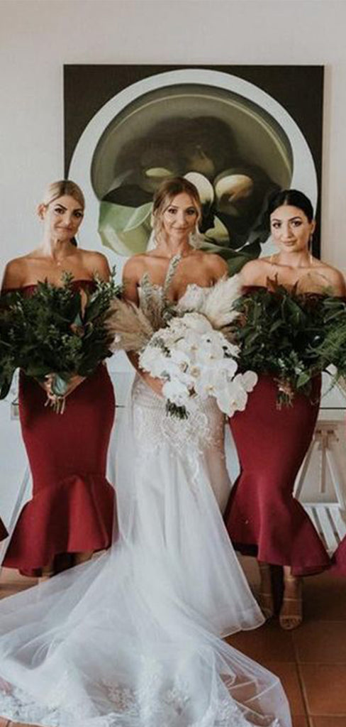 Sexy Red Mermaid Off Shoulder Sweetheart Sleeveless Cheap Popular Long Wedding Party Bridesmaid Dresses Online, CP351