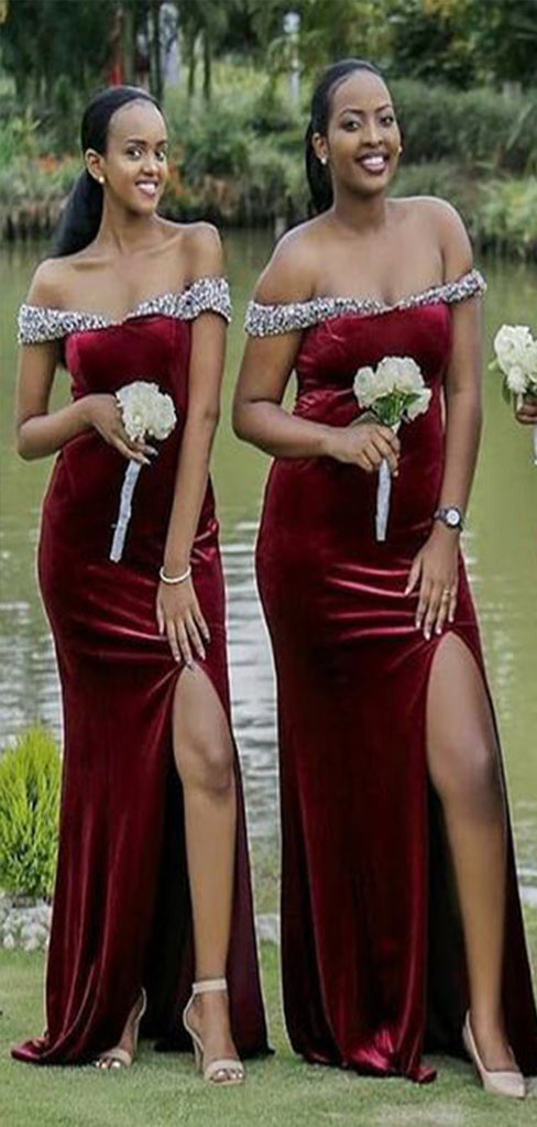 Gorgeous Red Mermaid Off Shoulder Sleeveless Rhinestone Cheap Popular Long Wedding Party Bridesmaid Dresses Online, CP352