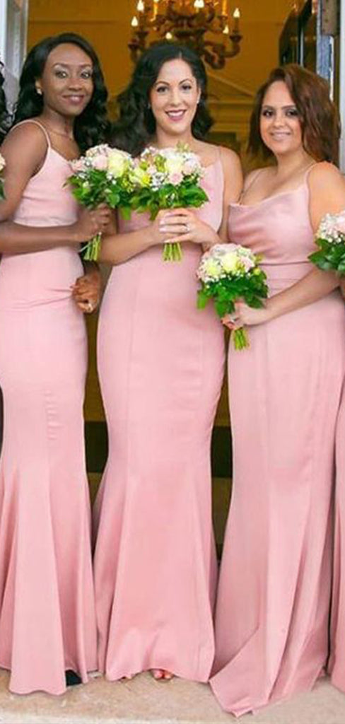 Simple Pink Mermaid Spaghetti Straps Sleeveless Cheap Popular Long Wedding Party Bridesmaid Dresses Online, CP355