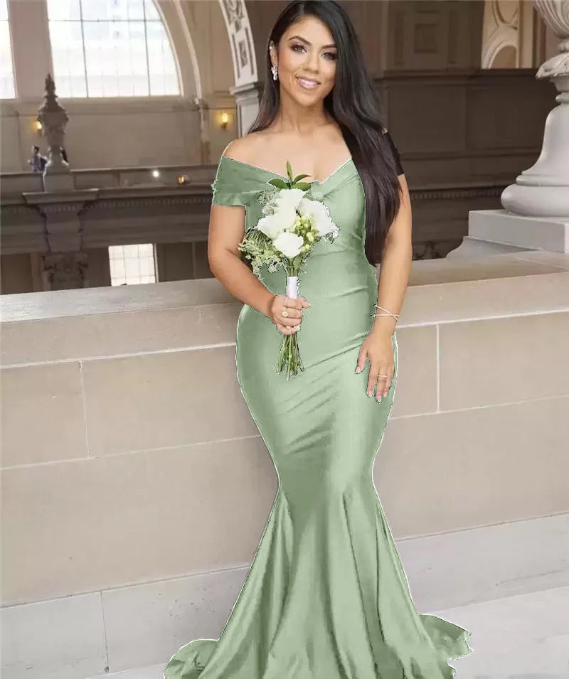 Sage Mermaid Off Shoulder Floor Length Cheap Long Bridesmaid Dresses Online,CP40