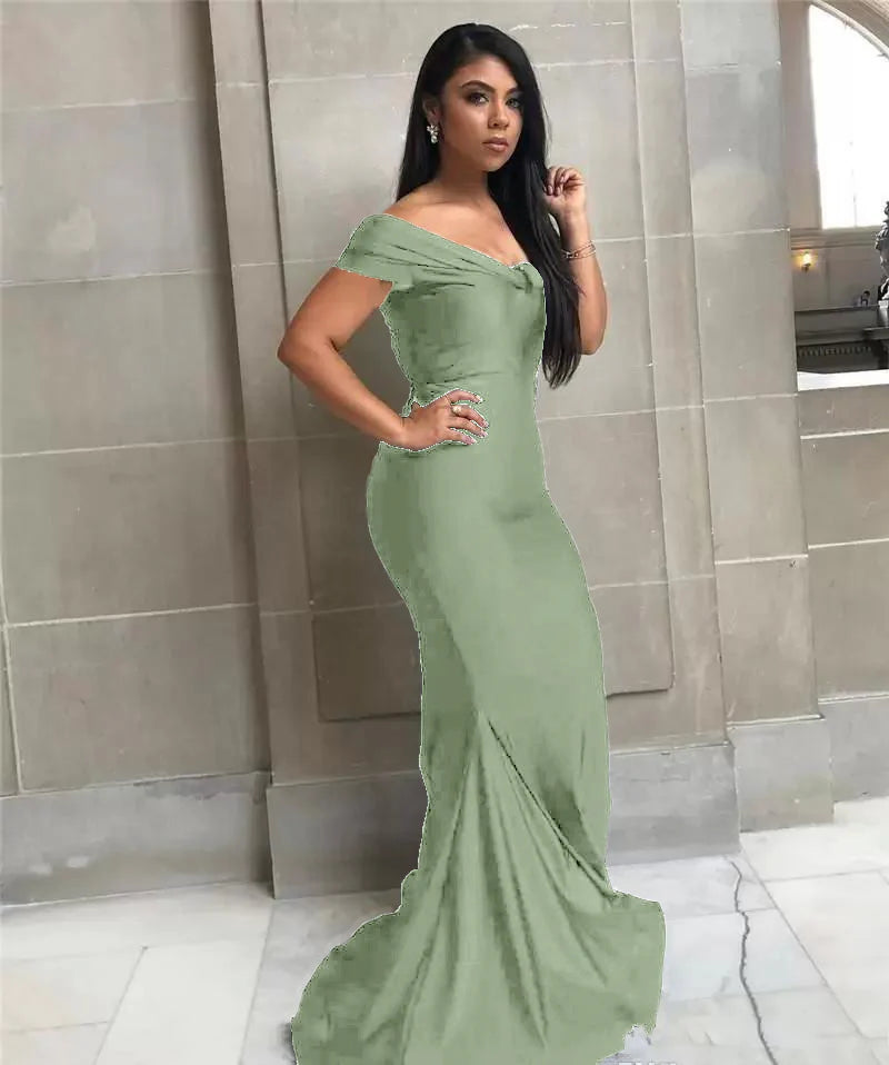 Sage Mermaid Off Shoulder Floor Length Cheap Long Bridesmaid Dresses Online,CP40