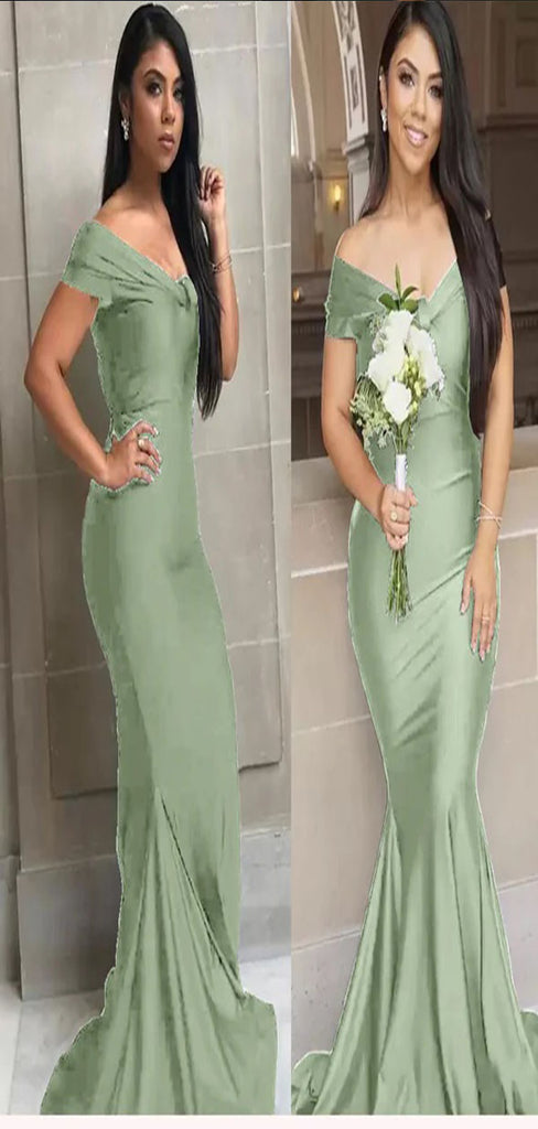 Sage Mermaid Off Shoulder Floor Length Cheap Long Bridesmaid Dresses Online,CP40