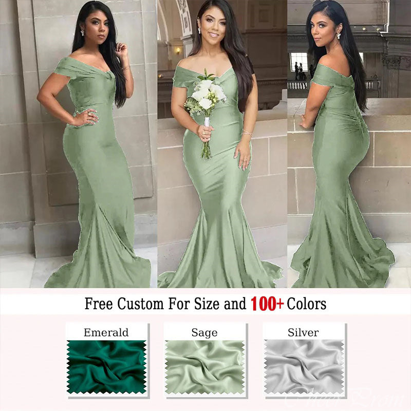 Sage Mermaid Off Shoulder Floor Length Cheap Long Bridesmaid Dresses Online,CP40