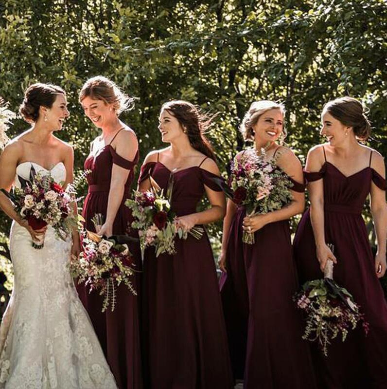 Elegant Dark Red Chiffon Floor Length Popular Cheap Long Wedding Party Bridesmaid Dresses Online,CP49