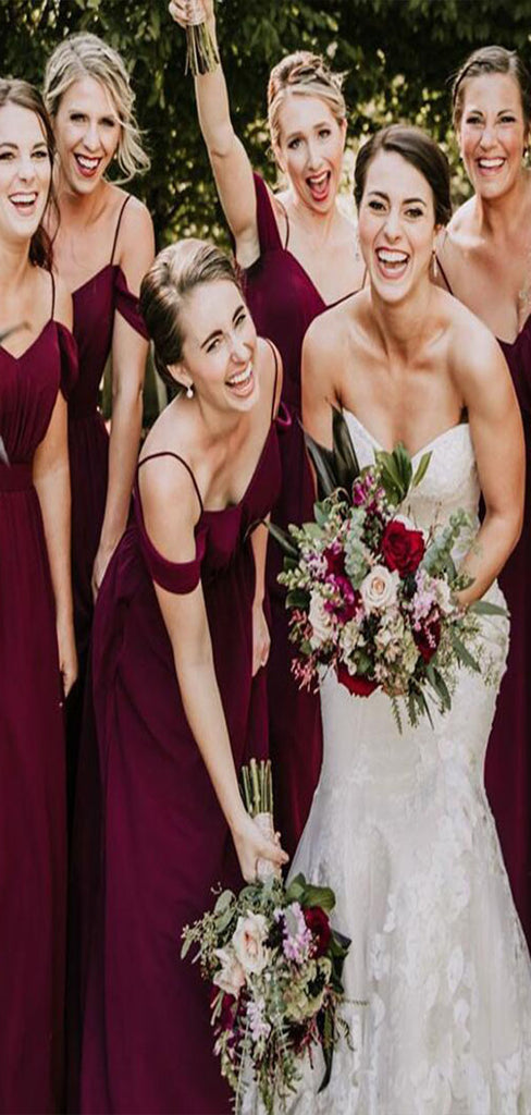 Elegant Dark Red Chiffon Floor Length Popular Cheap Long Wedding Party Bridesmaid Dresses Online,CP49