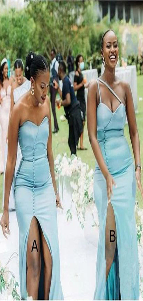 Mismatched Blue Mermaid Side Slit Popular Cheap Long Wedding Party Bridesmaid Dresses Online,CP53