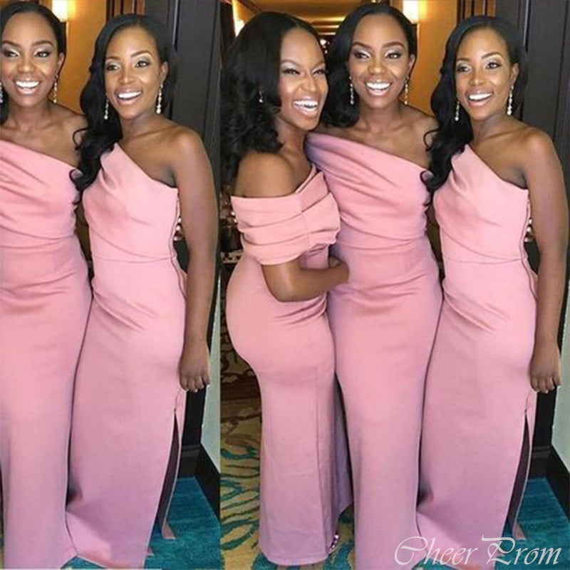 Pink Mermaid One Shoulder Side Slit Simple Cheap Long Wedding Party Bridesmaid Dresses Online,CP57