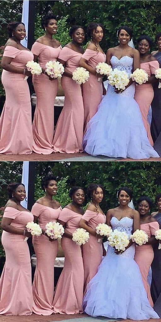 Simple Pink Mermaid Off Shoulder Popular Cheap Long Wedding Party Bridesmaid Dresses Online,CP59