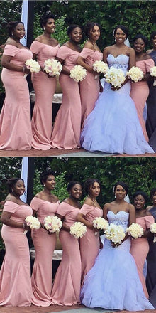 Simple Pink Mermaid Off Shoulder Popular Cheap Long Wedding Party Bridesmaid Dresses Online,CP59