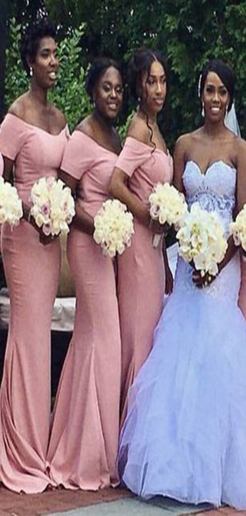 Simple Pink Mermaid Off Shoulder Popular Cheap Long Wedding Party Bridesmaid Dresses Online,CP59