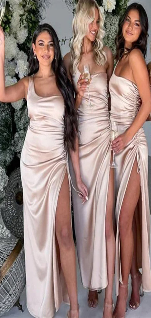 Simple Pink One Shoulder Side Slit Sexy Mermaid Cheap Long Bridesmaid Dresses,CP05