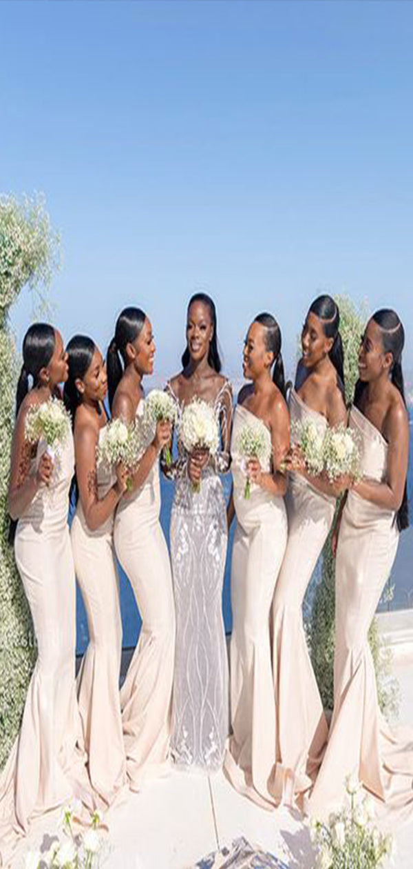 ivory bridesmaid dress Elegant White Strapless Off-shoulder Mermaid Midi Dre AlineBridal styles and colors Soft champagne bridesmaid dresses |