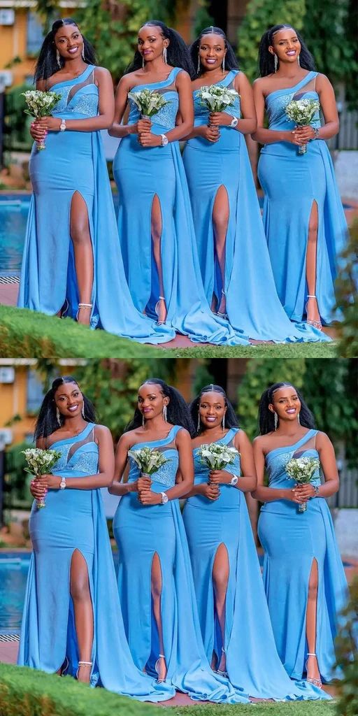 Charming Blue Mermaid One Shoulder Side Slit Popular Cheap Long Wedding Party Bridesmaid Dresses Online,CP61