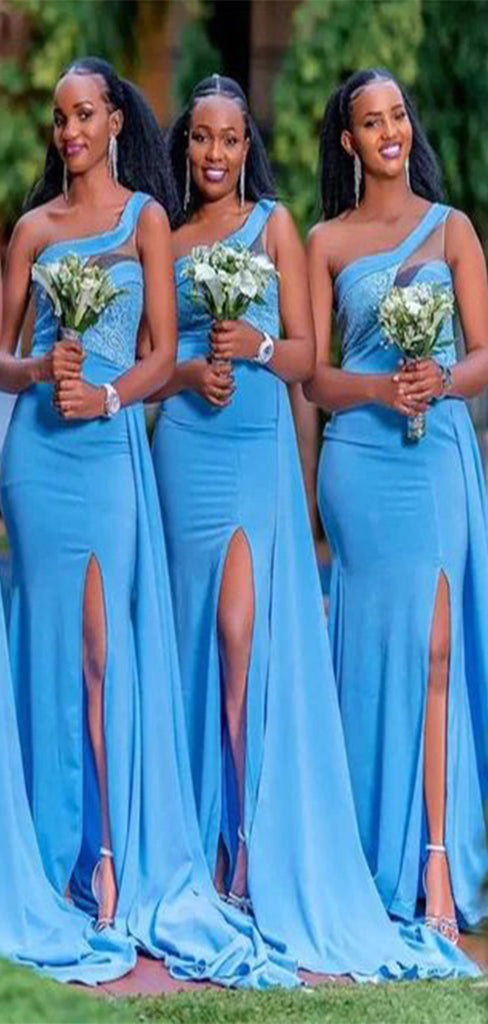 Charming Blue Mermaid One Shoulder Side Slit Popular Cheap Long Wedding Party Bridesmaid Dresses Online,CP61