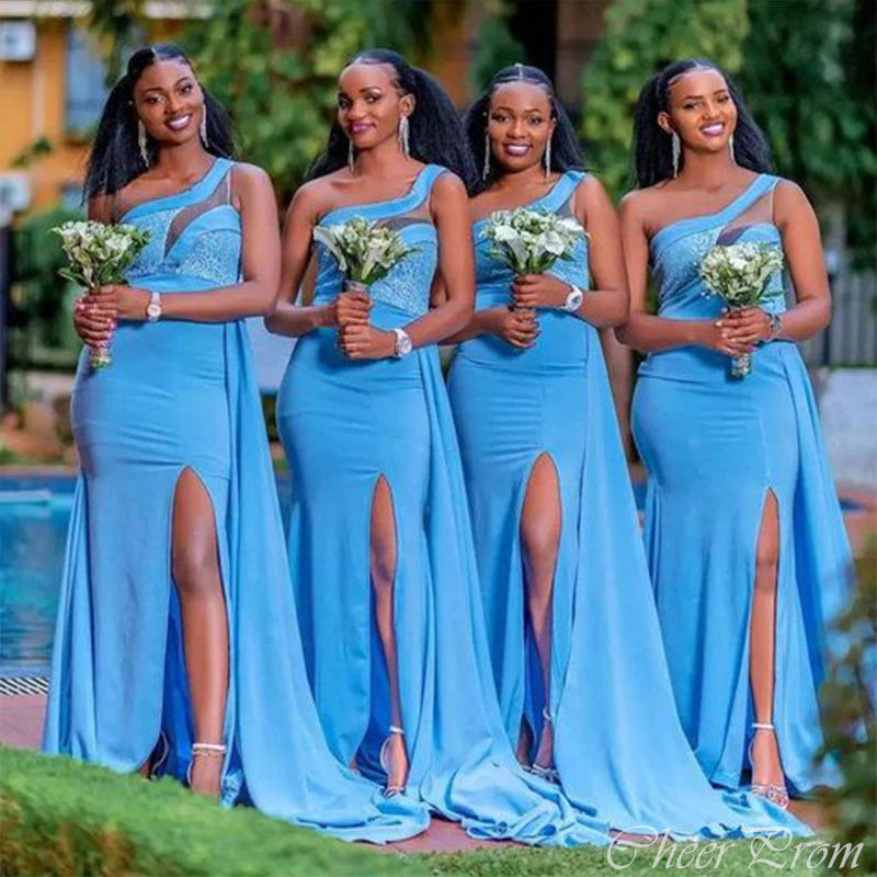 Charming Blue Mermaid One Shoulder Side Slit Popular Cheap Long Wedding Party Bridesmaid Dresses Online,CP61