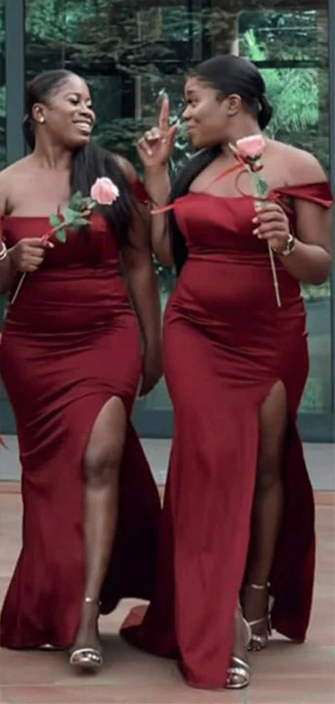 Sexy Dark Red Mermaid Side Slit Popular Cheap Long Wedding Party Bridesmaid Dresses Online,CP63