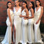 Elegant White V Neck Spaghetti Straps Side Slit Popular Cheap Long Wedding Party Bridesmaid Dresses Online,CP70