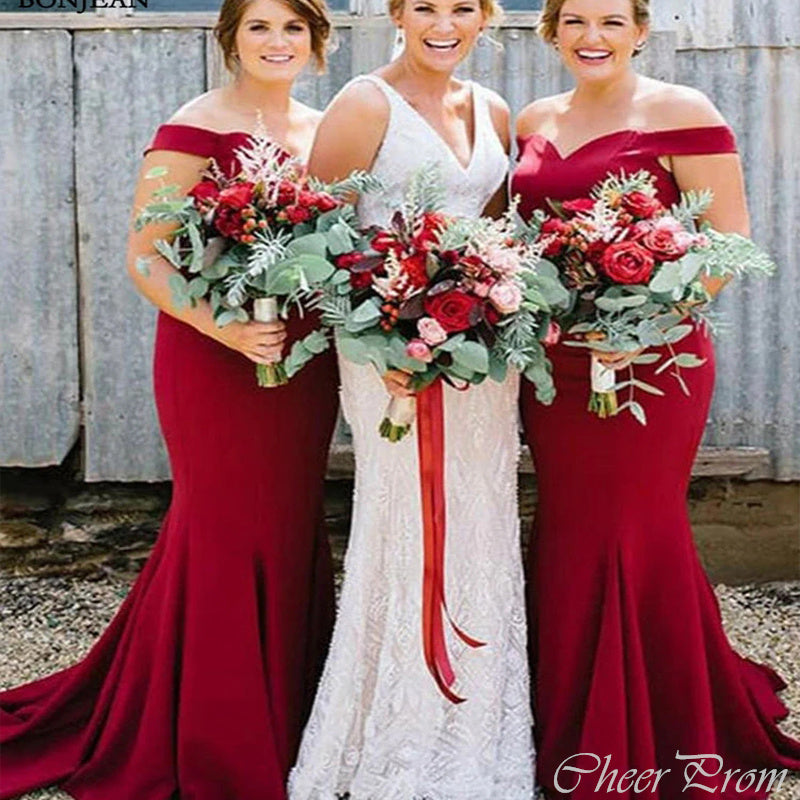 Sexy Red Mermaid Off Shoulder Popular Cheap Long Wedding Party Bridesmaid Dresses Online,CP72