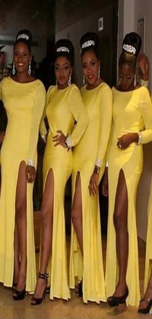 Simple Yellow Mermaid Full Sleeve Side Slit Popular Cheap Long Wedding Party Bridesmaid Dresses Online,CP78