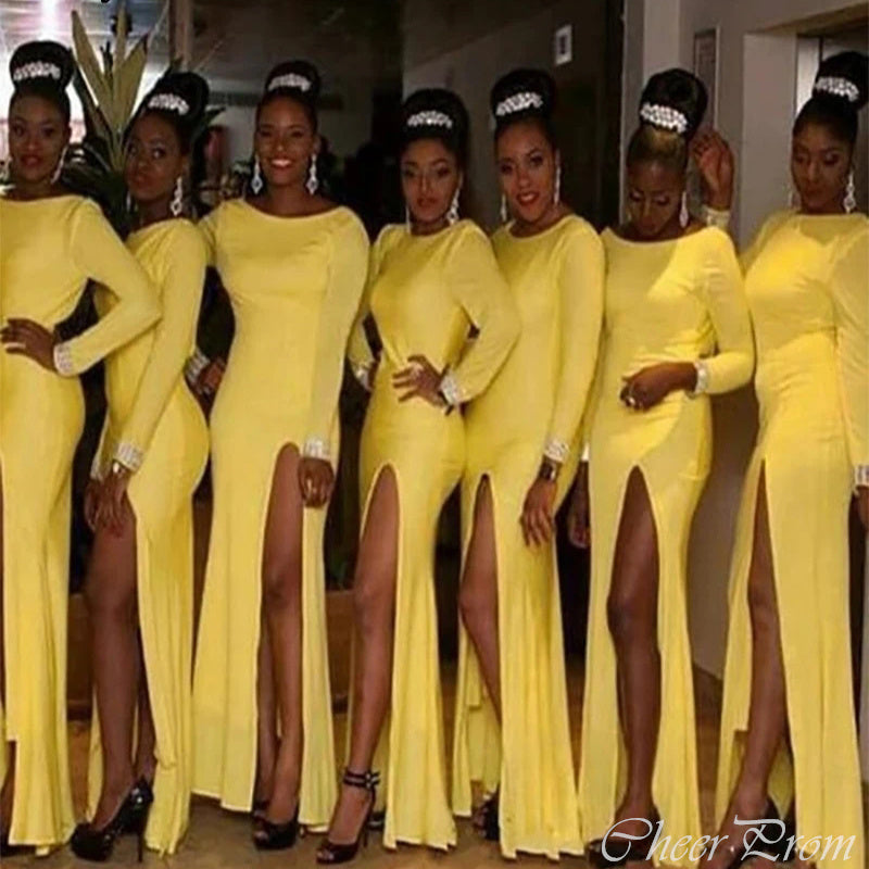 Simple Yellow Mermaid Full Sleeve Side Slit Popular Cheap Long Wedding Party Bridesmaid Dresses Online,CP78