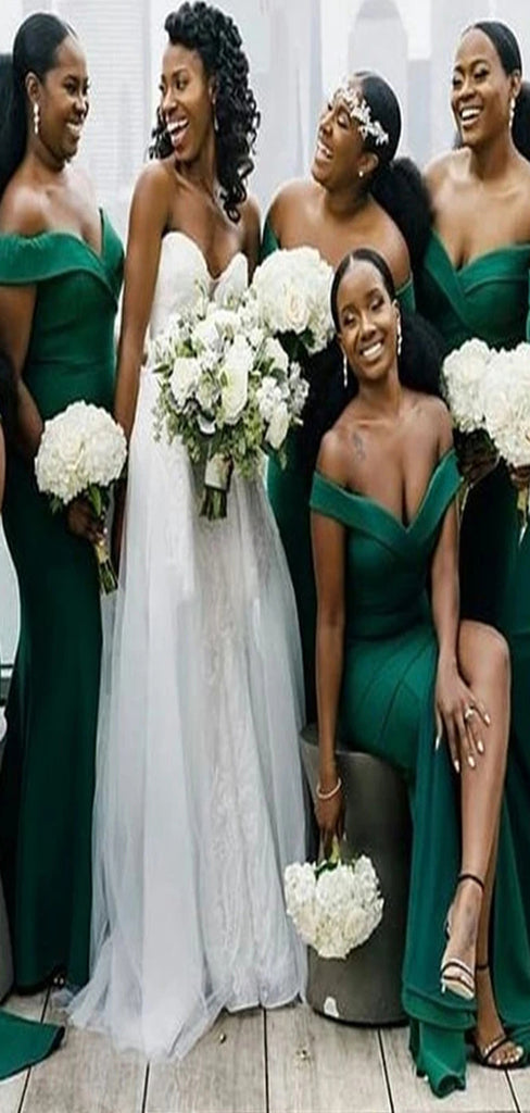 Gorgeous Emerald Green Mermaid Off Shoulder V Neck Side Slit Popular Cheap Long Wedding Party Bridesmaid Dresses Online,CP80