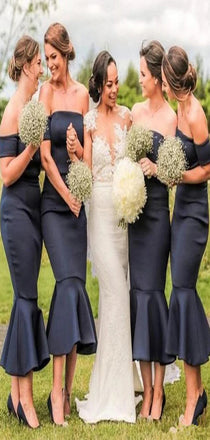 Unique Black Mermaid Off Shoulder Strapless Popular Cheap Long Wedding Party Bridesmaid Dresses Online, CP81