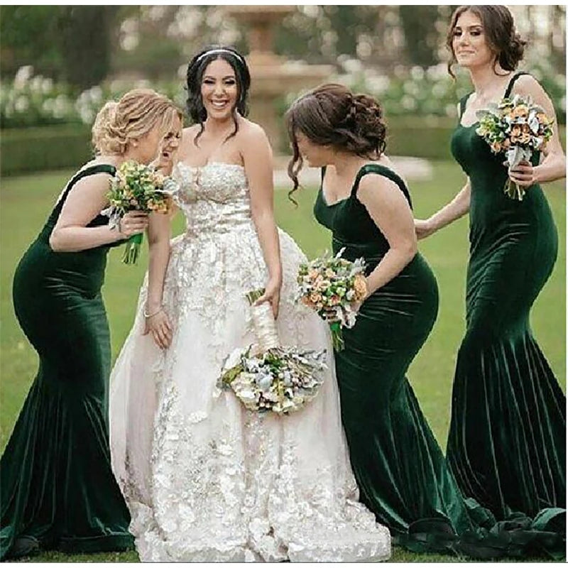 Simple Emerald Green Mermaid Spaghetti Straps Velvet Popular Cheap Long Wedding Party Bridesmaid Dresses Online, CP82