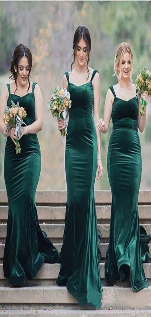 Simple Emerald Green Mermaid Spaghetti Straps Velvet Popular Cheap Long Wedding Party Bridesmaid Dresses Online, CP82