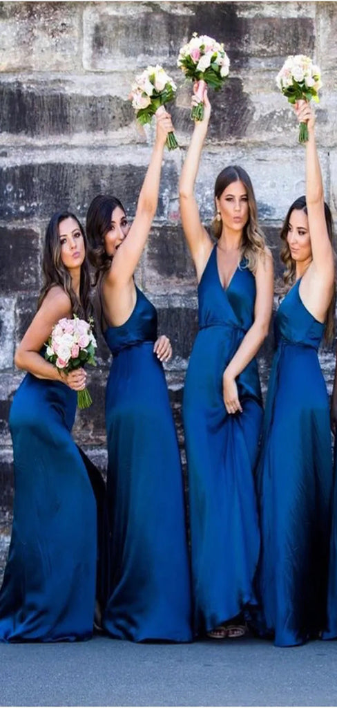 Charming Dark Blue A-Line Spaghetti Straps V Neck Popular Cheap Long Wedding Party Bridesmaid Dresses Online, CP90