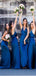 Charming Dark Blue A-Line Spaghetti Straps V Neck Popular Cheap Long Wedding Party Bridesmaid Dresses Online, CP90