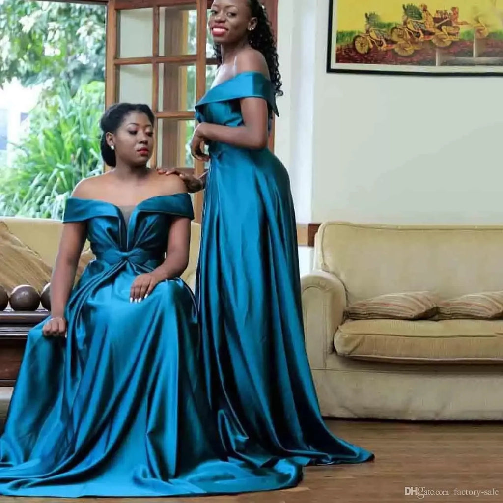 Charming Dark Blue A-Line Off Shoulder Popular Cheap Long Wedding Party Bridesmaid Dresses Online, CP91