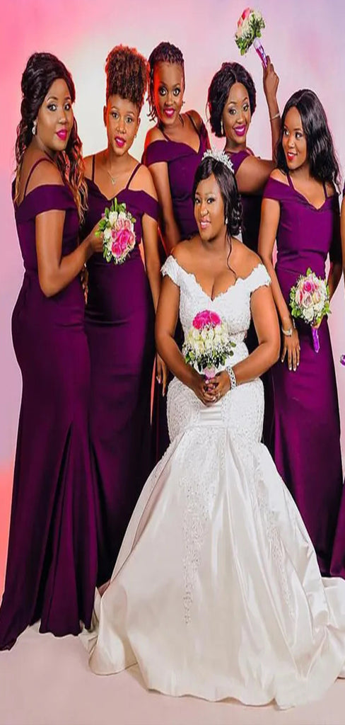 Charming Purple Mermaid Off Shoulder Popular Cheap Long Wedding Party Bridesmaid Dresses Online, CP97