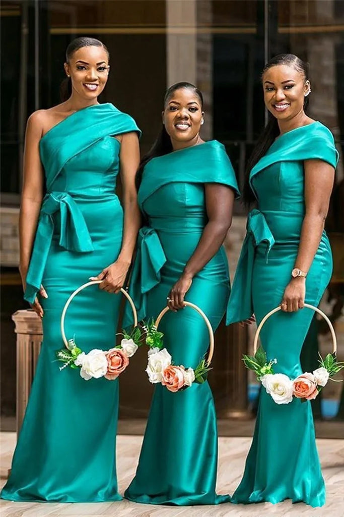 Unique Teal Mermaid One Shoulder Popular Cheap Long Wedding Party Bridesmaid Dresses Online, CP99