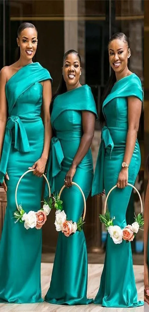 Unique Teal Mermaid One Shoulder Popular Cheap Long Wedding Party Bridesmaid Dresses Online, CP99