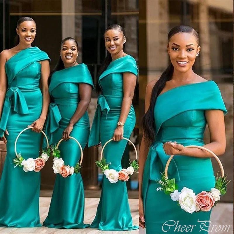 Unique Teal Mermaid One Shoulder Popular Cheap Long Wedding Party Bridesmaid Dresses Online, CP99