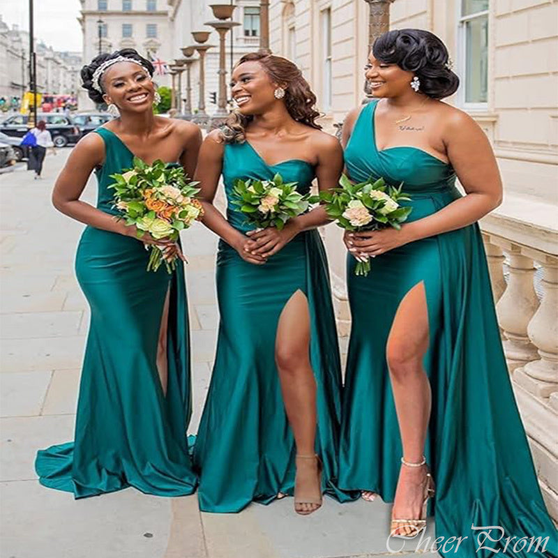 Sexy Green One Shoulder Side Slit Cheap Long Bridesmaid Dresses Online,CP10