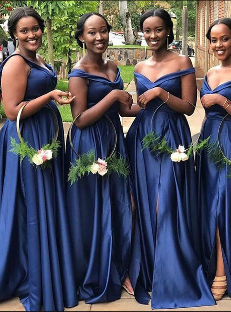 Unique Royal Blue A-Line Off Shoulder Side Slit Cheap Long Bridesmaid Dresses Online,CP15