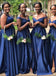 Unique Royal Blue A-Line Off Shoulder Side Slit Cheap Long Bridesmaid Dresses Online,CP15