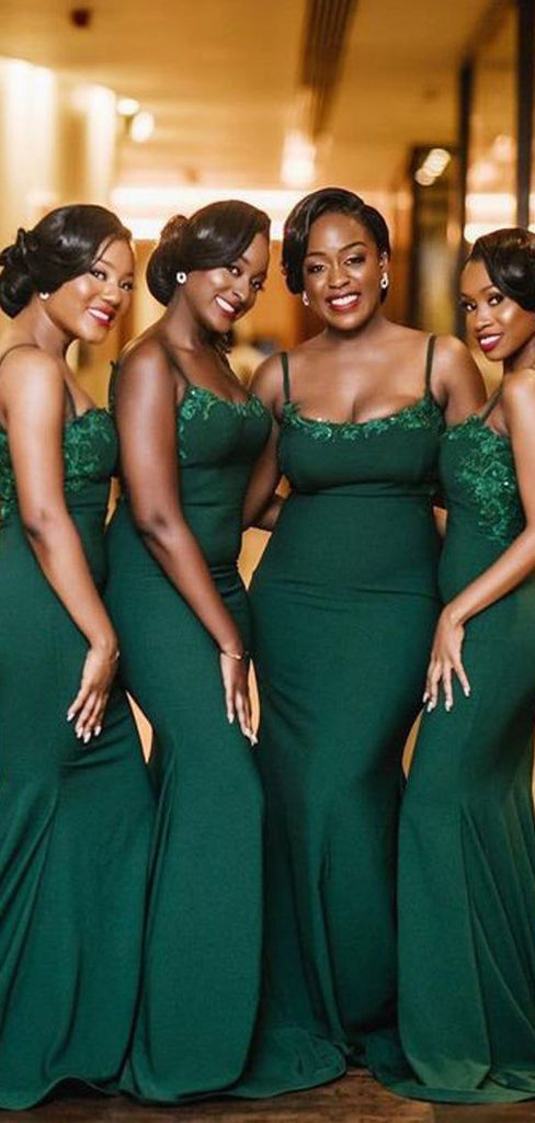 Sexy Emerald Green Mermaid Spaghetti Straps Applique Cheap Long Bridesmaid Dresses Online,CP17