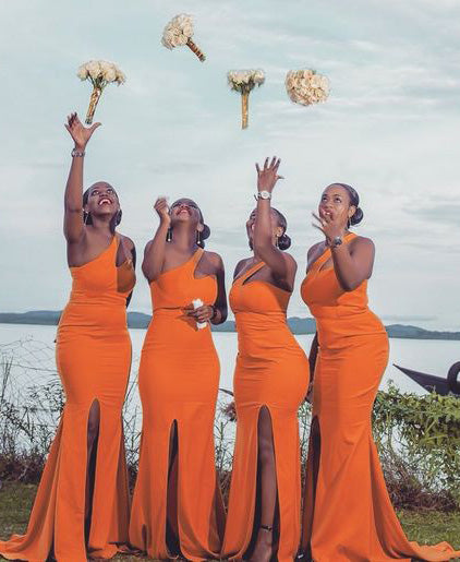 Popular Burnt Orange Mermaid One Shoulder Side Slit Cheap Long Bridesmaid Dresses Online,CP19