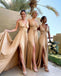 Champagne Gold A-Line V Neck Side Slit Sexy Cheap Bridesmaid Dresses,CP02