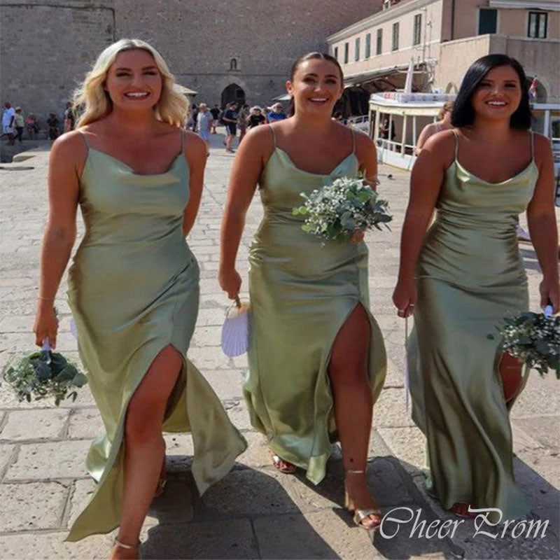 Popular Green Spaghetti Straps Side Slit Sexy Mermaid Cheap Long Bridesmaid Dresses,CP06