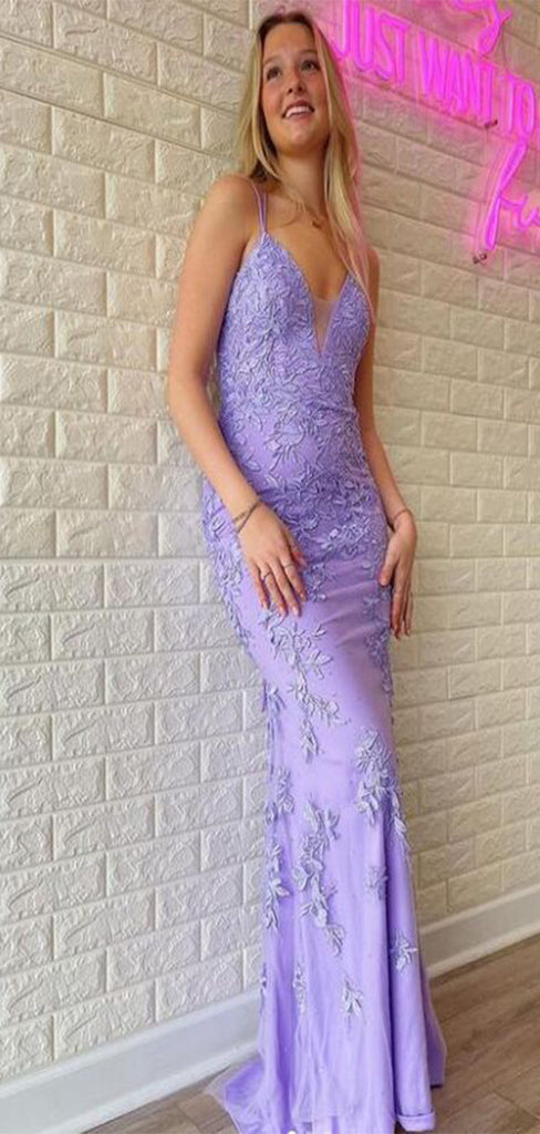 Gorgeous Lilac Mermaid V Neck Spaghetti Straps Lace Up Applique Long Maxi Party Prom Dresses,Evening Dress,FM02