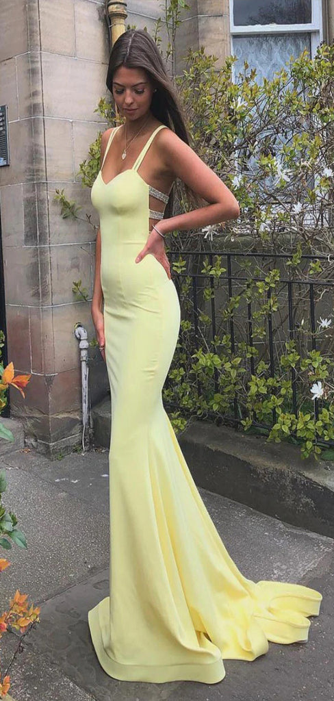 Elegant Yellow Mermaid Spaghetti Straps V Neck Long Party Prom Dresses,Evening Gowns,FM06