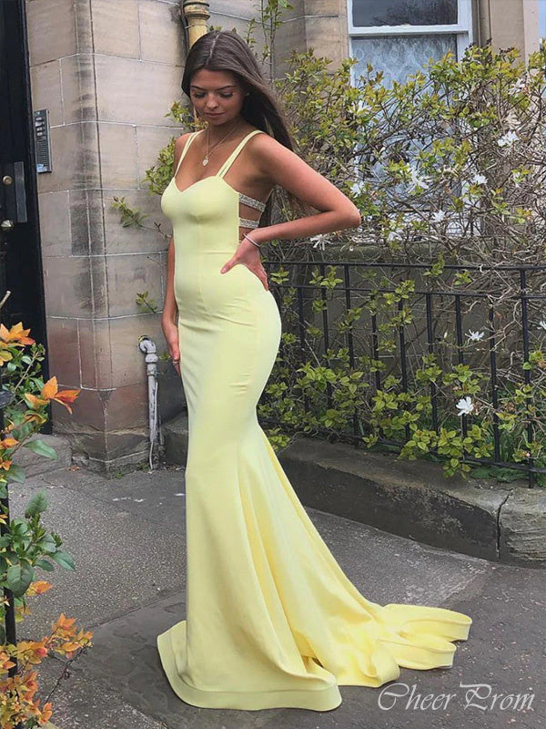 Elegant Yellow Mermaid Spaghetti Straps V Neck Long Party Prom Dresses,Evening Gowns,FM06